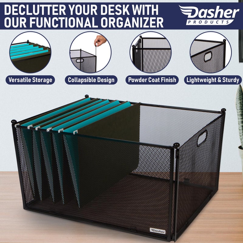 Dasher Products Hanging File Organizer Mesh Box, Supports Letter and Legal-Sized Hanging Folders, Modern Black Metal Mesh File Crate, Collapsible Document Organizer Box for Home or Office Storage - Image 2